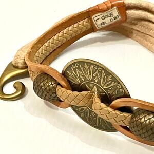 Vtg Brass Medallion Belt Leather & Braided Rope Cord LEATHER SHOP Boho Hippy 70s